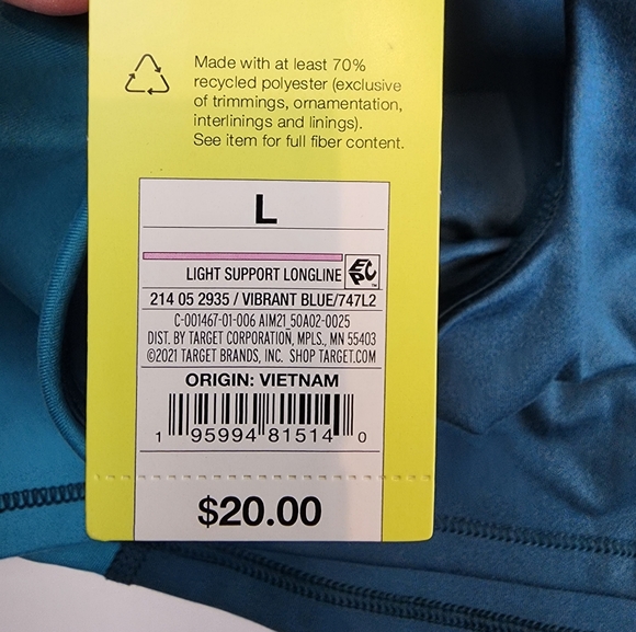 New All in Motion Athletic Sports Bra Light Support Longline Blue Top Size L - Picture 6 of 8